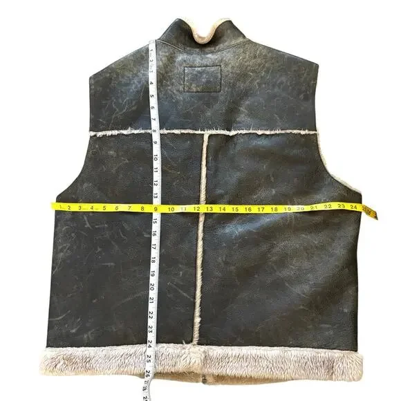 Vintage Guess Distressed Leather Vest Mens XL Front Zip Faux Fur Lined Western